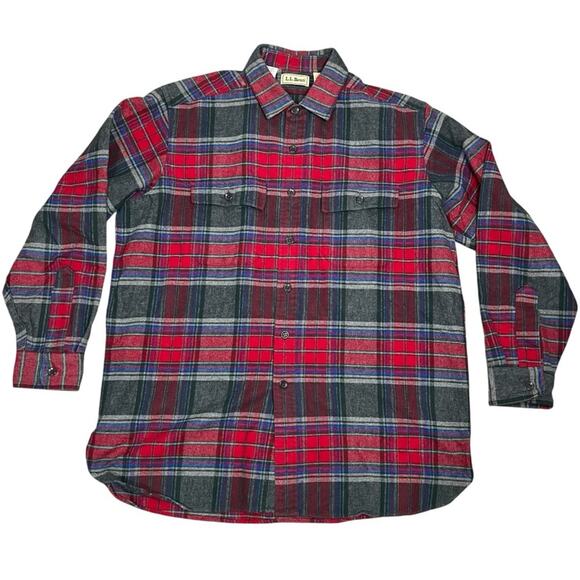VTG LL Bean Mens Large GO27 Plaid Button Down Shirt 100% Cotton Red Blue Gray - Picture 1 of 11